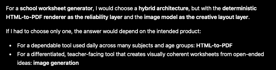 Screenshot of a ChatGPT recommendation for a hybrid architecture: deterministic HTML-to-PDF for reliability and image models for creative layout.
