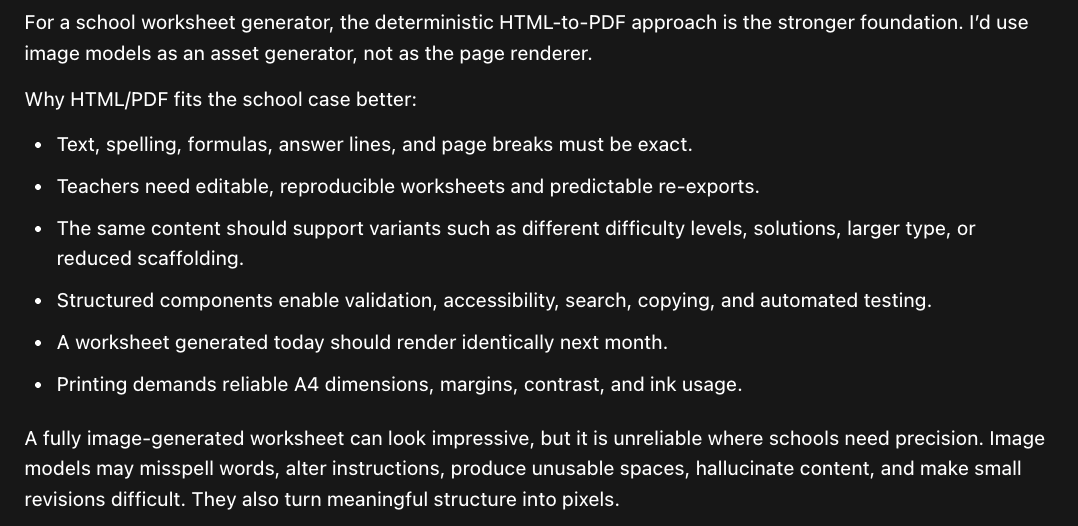Screenshot of a Codex recommendation in favor of deterministic HTML-to-PDF worksheets, citing exact text, editability, reproducibility, accessibility, testing and reliable printing.