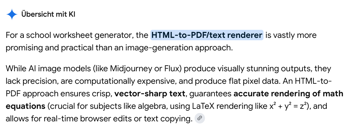 Screenshot of a Google AI overview stating that an HTML-to-PDF text renderer is more promising and practical than an image-generation approach.